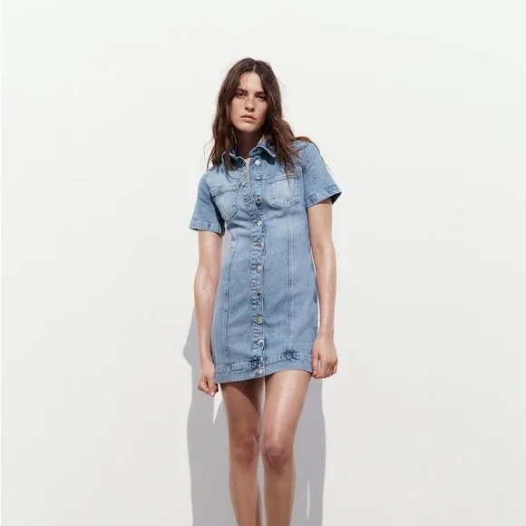 Zara Dress mini denim jeans button up collar casual short sleeve - Picture 2 of 8